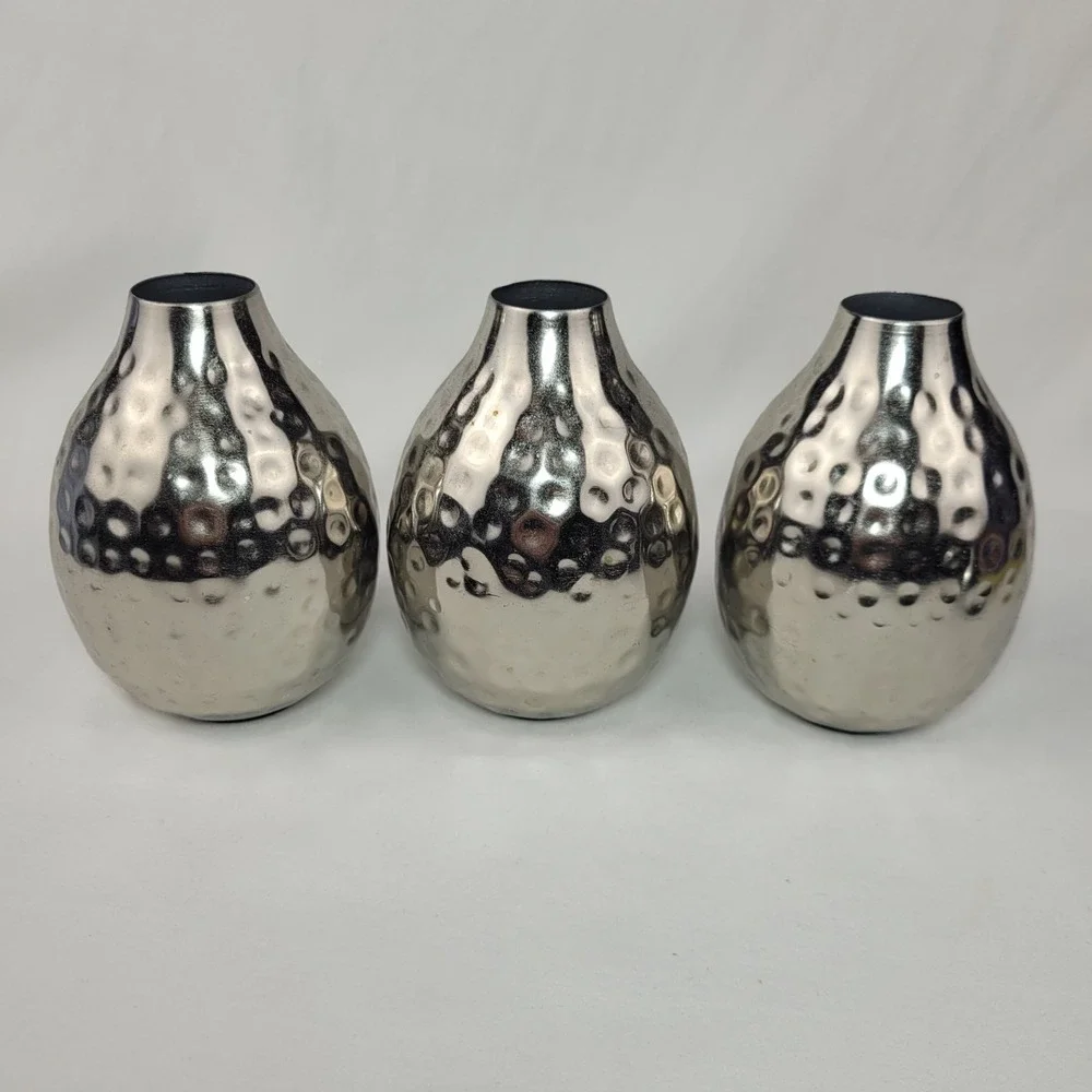 Hammered Silver Metal Bud Vases Set of 3 Small Decorative Modern Dimpled Tapered
